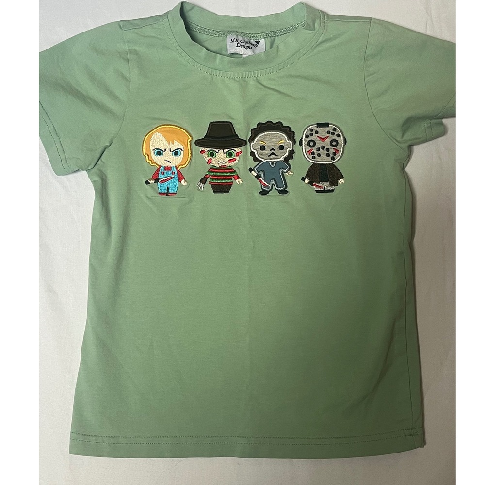 MK Clothing Designs Kids Sage Green Horror Icons Embroidered T-Shirt Size 5